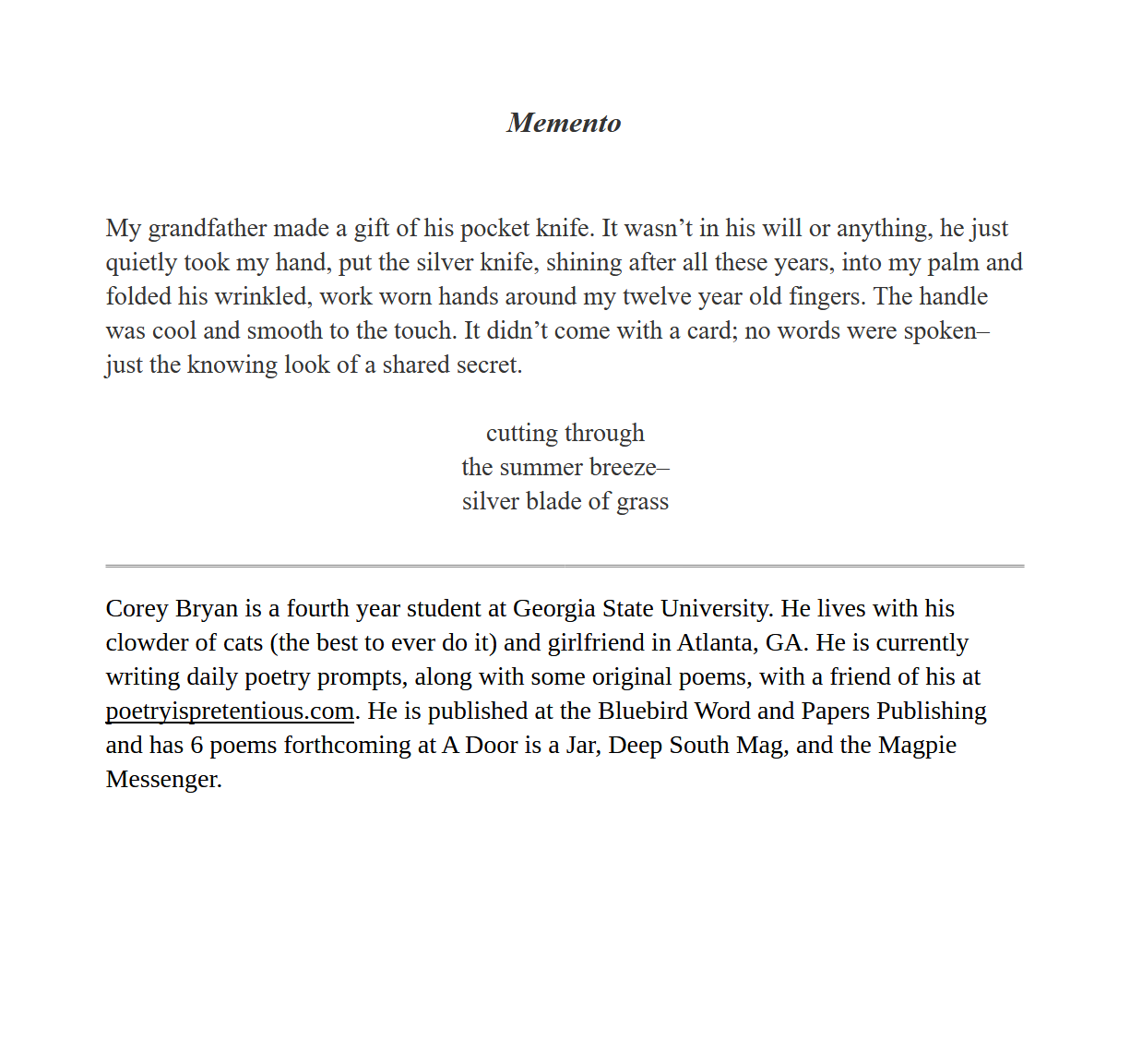 Memento / Corey Bryan – Third Wednesday Magazine