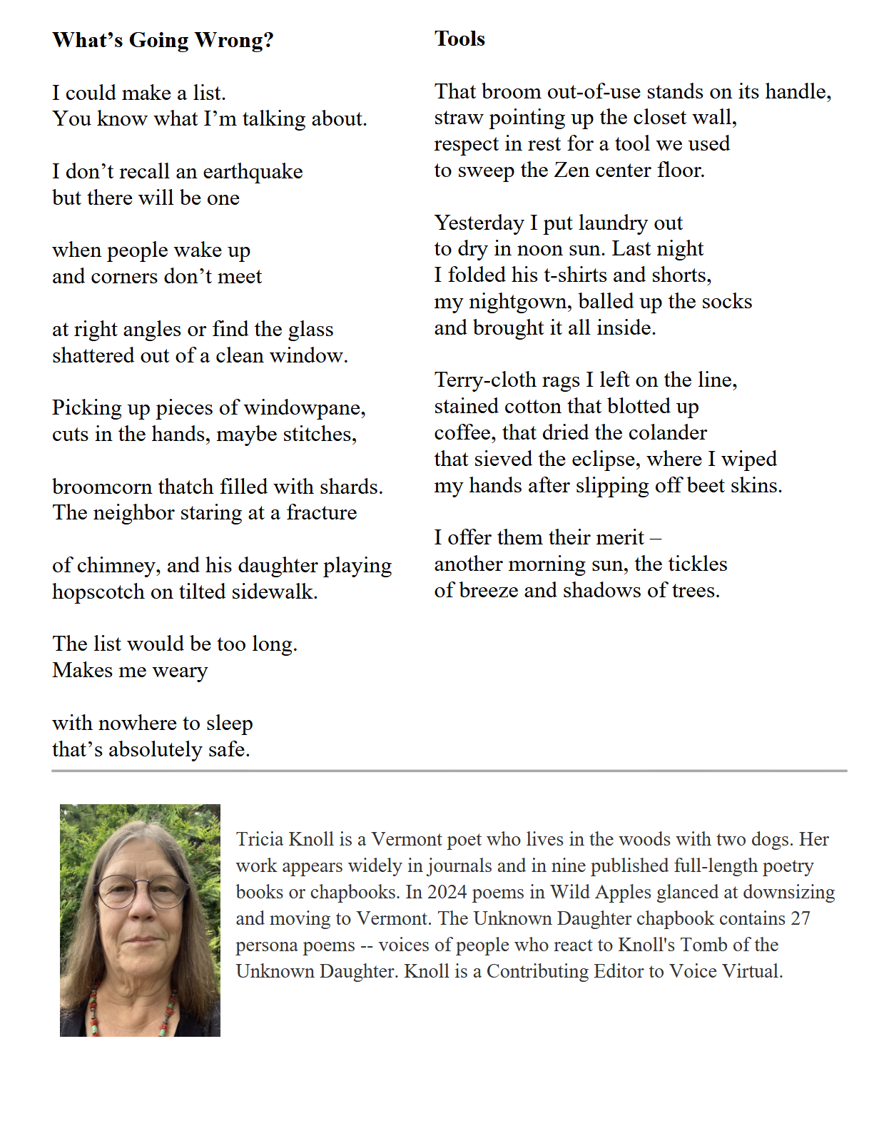Two Poems Two Poems by Tricia Knoll – Third Wednesday Magazine